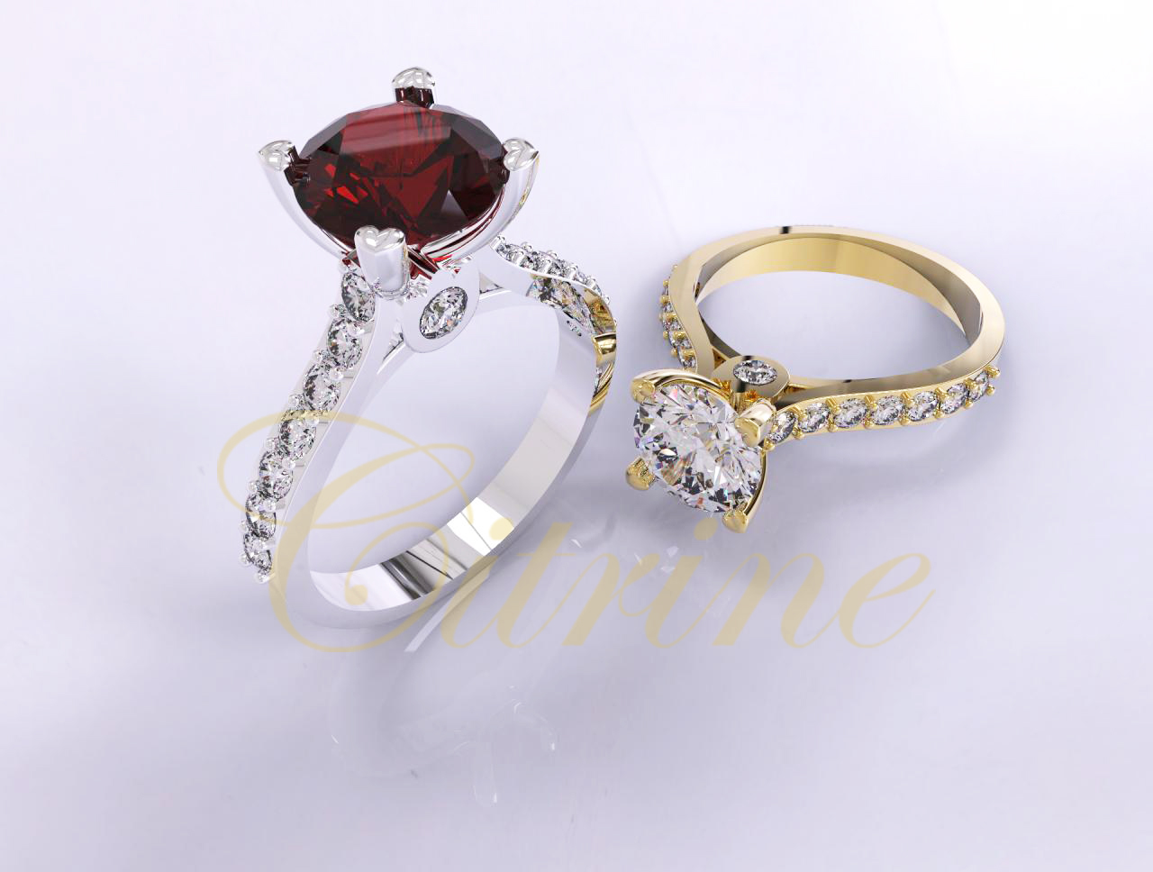 Double solitaire engagement rings in yellow and white gold with pavé diamonds and red gemstone by Citrine Jewellery