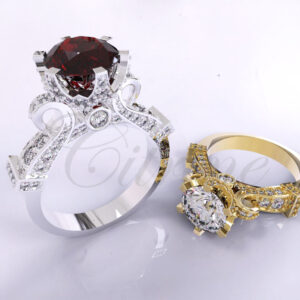 Royal statement engagement rings in white and yellow gold with pavé diamonds and red gemstone by Citrine Jewellery