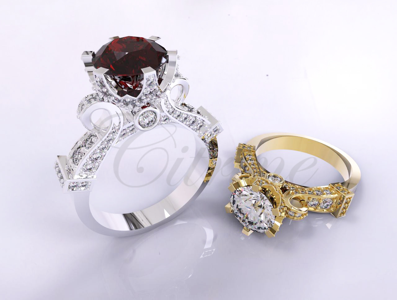 Royal statement engagement rings in white and yellow gold with pavé diamonds and red gemstone by Citrine Jewellery