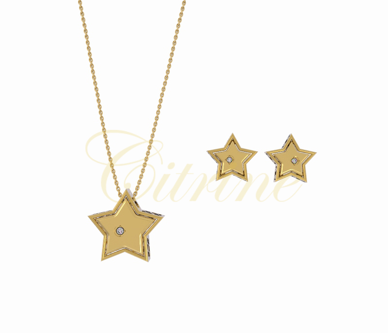 Gold and silver star-shaped jewelry set with diamonds, pendant and earrings.