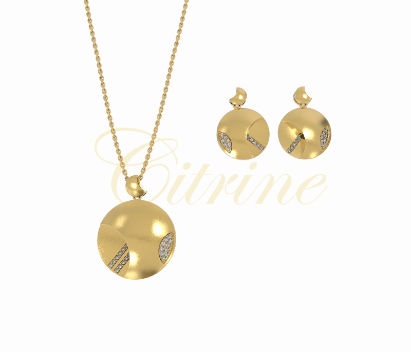 Modern bi-color disc jewelry set in gold and silver with pavé stones and filigree details.