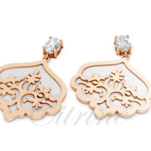Floral drop earrings in rose gold with white enamel background and diamond top