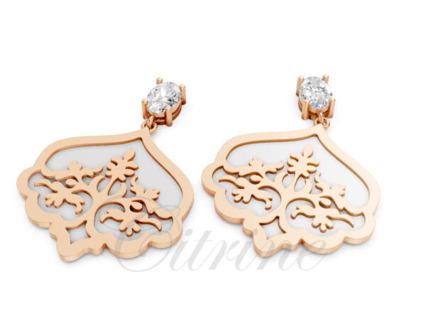Floral drop earrings in rose gold with white enamel background and diamond top