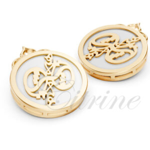 Round gold earrings with Persian calligraphy and white enamel background