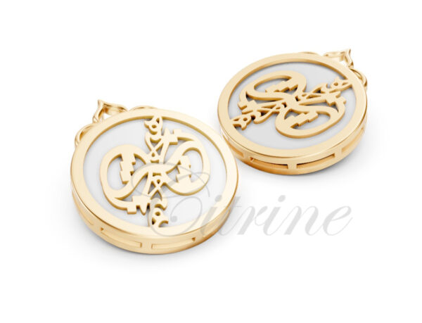 Round gold earrings with Persian calligraphy and white enamel background