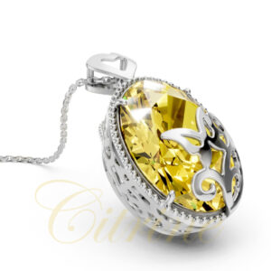 White gold filigree heart pendant with a large oval yellow gemstone by Citrine Jewellery