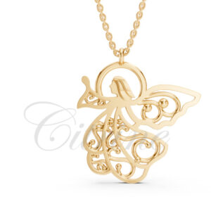 Gold pendant in the shape of an angel with openwork filigree design