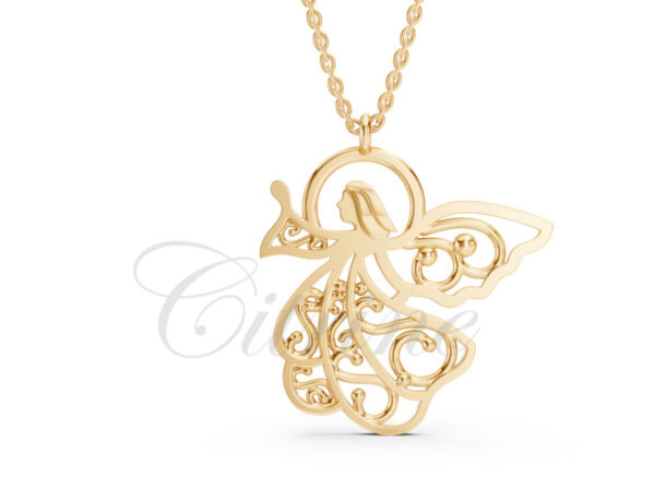 Gold pendant in the shape of an angel with openwork filigree design