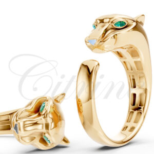 Sculpted gold ring featuring an open band design with a panther head and emerald eyes