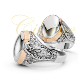 Two-tone oval signet ring with calligraphic engraving on the shank, silver and rose gold finish