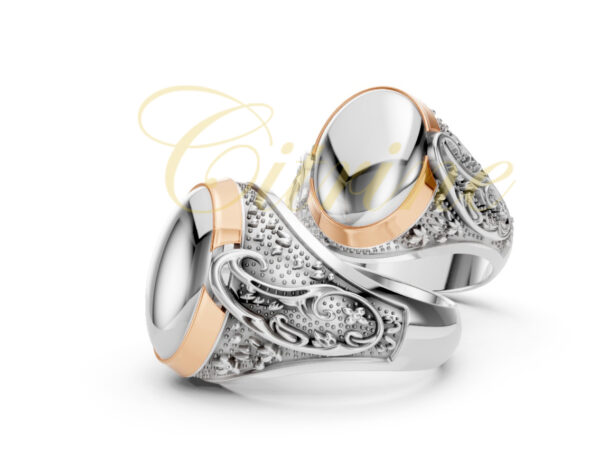 Two-tone oval signet ring with calligraphic engraving on the shank, silver and rose gold finish
