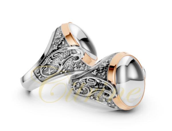 Dual-tone men’s signet ring with calligraphic relief details on textured surface – angled side view