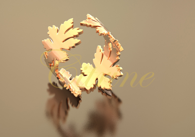 Open gold ring with polished leaf motifs wrapping around the finger by Citrine Jewellery