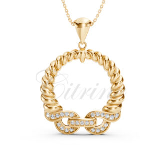 Elegant gold circle pendant featuring a twisted rope design and diamond-studded clasp