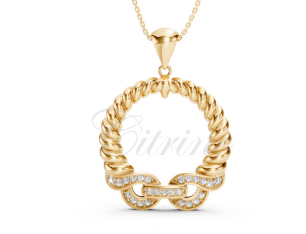 Elegant gold circle pendant featuring a twisted rope design and diamond-studded clasp