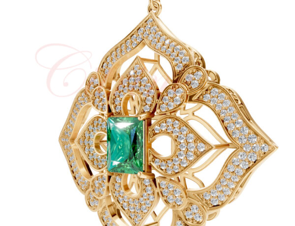 Yellow gold pendant with green emerald centerpiece and filigree diamond detailing