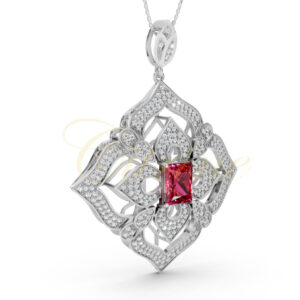 White gold pendant featuring an emerald-cut red gemstone surrounded by floral diamond motifs