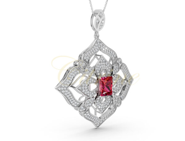 White gold pendant featuring an emerald-cut red gemstone surrounded by floral diamond motifs