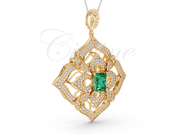Luxurious pendant in yellow gold with green emerald-cut center stone and pavé-set diamonds
