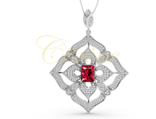 Angled view of white gold pendant with detailed diamond filigree and a vibrant red gemstone centerpiece
