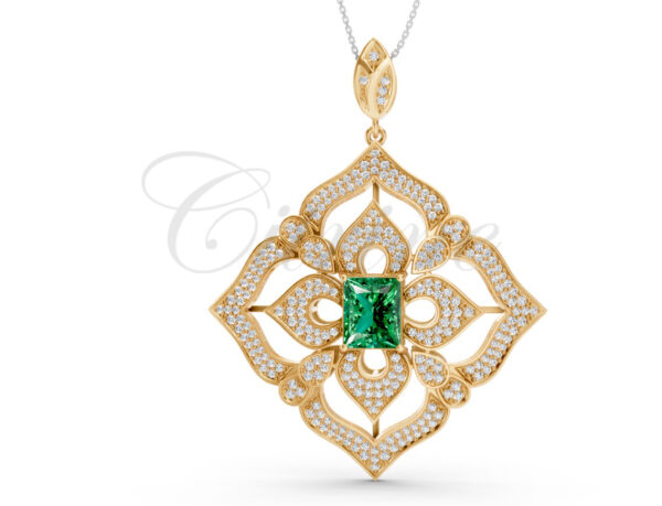 Yellow gold pendant with emerald-cut green gemstone and intricate diamond pattern