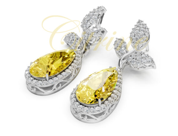 Luxury drop earrings with yellow sapphires and diamond leaves – Citrine Jewellery