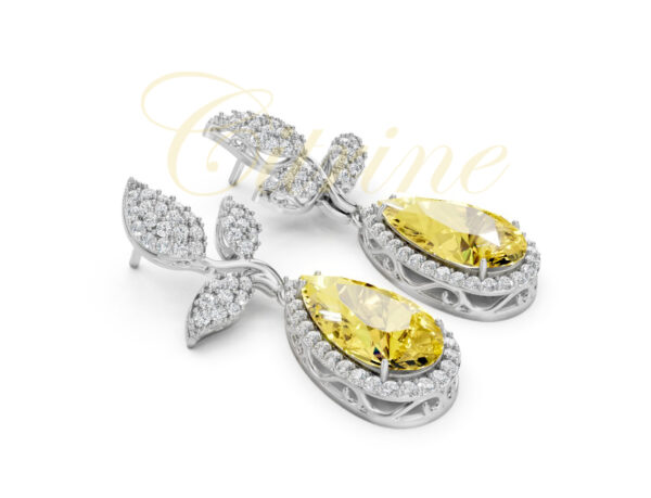 White gold drop earrings with pear-cut yellow gemstones and diamond-studded leaves