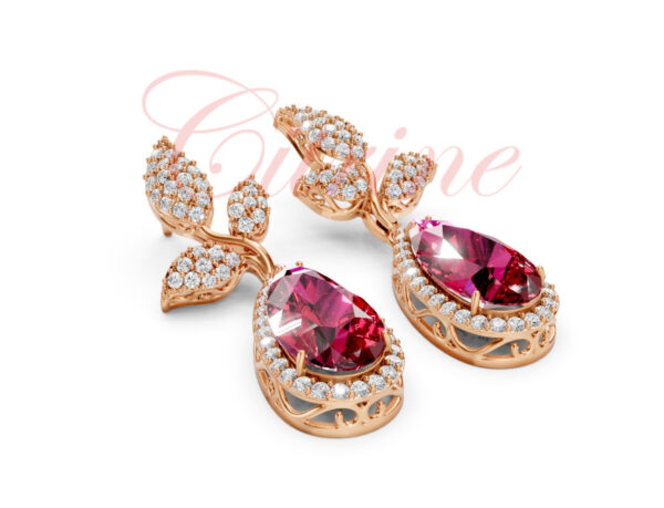 Rose gold drop earrings with pear-shaped ruby pink stones and diamond-encrusted leaf design