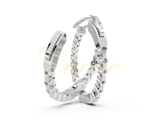 Back view of white gold hoop earrings with white round diamonds