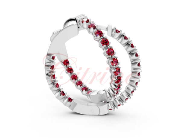 White gold hoop earrings with vivid red gemstones