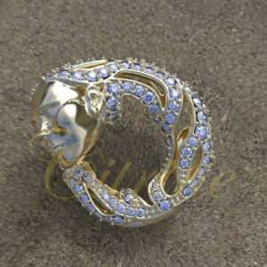 Golden hoop earrings with sculpted feminine face and diamond accents by Citrine Jewellery