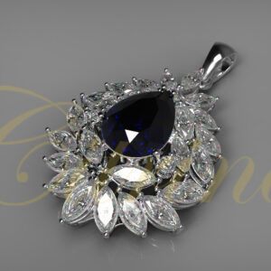 White gold pendant with pear-shaped sapphire and marquise-cut diamond halo