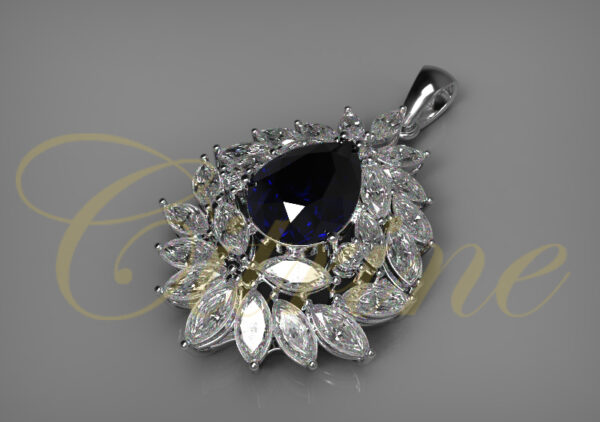 White gold pendant with pear-shaped sapphire and marquise-cut diamond halo