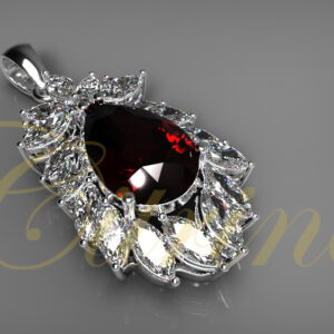 Garnet teardrop pendant surrounded by marquise-cut diamonds in white gold