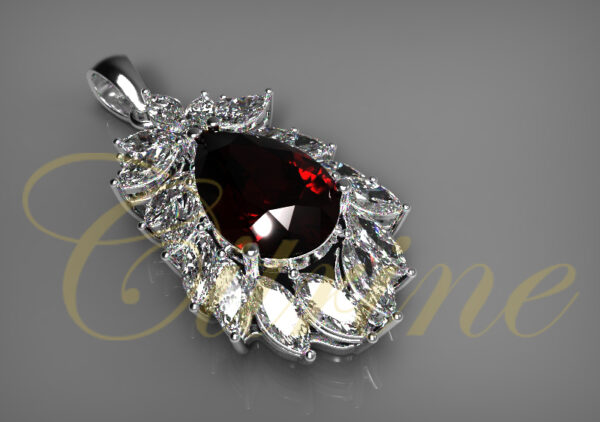 Garnet teardrop pendant surrounded by marquise-cut diamonds in white gold