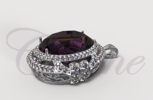 White gold pendant with large faceted amethyst centerpiece and diamond accents