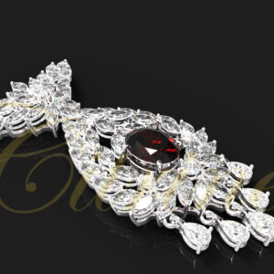 White gold pendant with a vivid red oval gemstone surrounded by marquise and pear-shaped diamonds