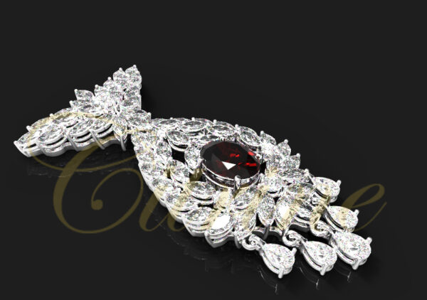 White gold pendant with a vivid red oval gemstone surrounded by marquise and pear-shaped diamonds