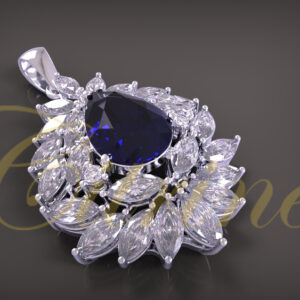 Teardrop-shaped blue gemstone pendant surrounded by marquise-cut and round brilliant diamonds in white gold