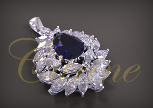 Teardrop-shaped blue gemstone pendant surrounded by marquise-cut and round brilliant diamonds in white gold