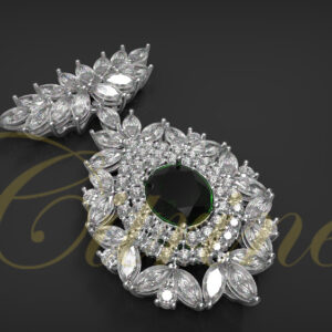 Oval green gemstone pendant with floral marquise diamond halo in white gold