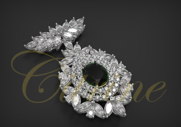 Oval green gemstone pendant with floral marquise diamond halo in white gold