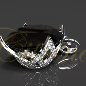 Black gemstone pendant with sharp crown-shaped claw setting and pavé diamonds