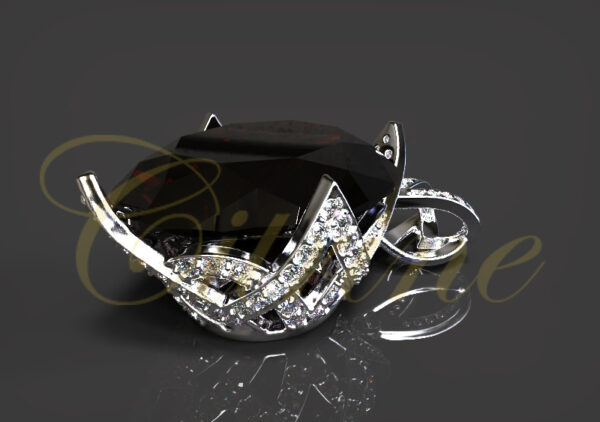 Black gemstone pendant with sharp crown-shaped claw setting and pavé diamonds