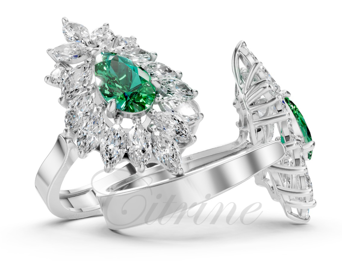 Citrine luxury gem-set ring with pear emeralds and diamonds – CJR-002