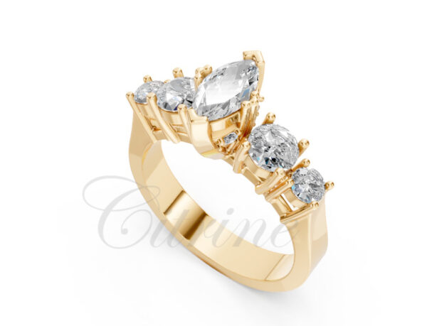 Marquise Diamond Yellow Gold Ring with Round Side Stones