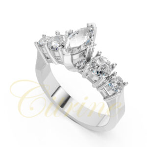 White gold ring with one marquise-cut and five round brilliant-cut diamonds in a six-stone setting