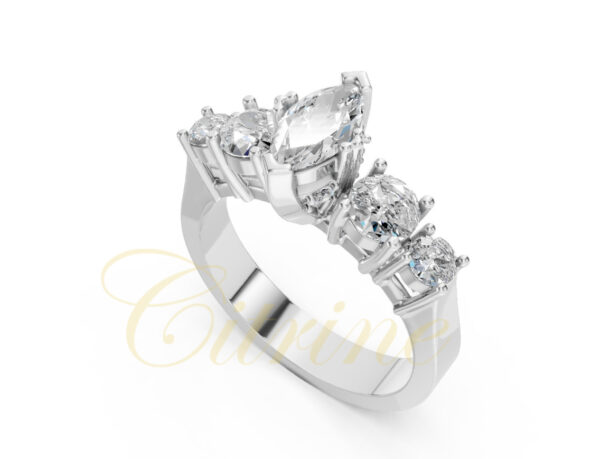 White gold ring with one marquise-cut and five round brilliant-cut diamonds in a six-stone setting