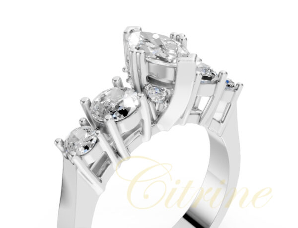 Marquise and round cut white gold engagement ring – side angle view