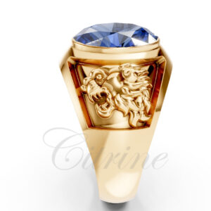 Gold signet ring with blue sapphire and engraved Persian lion motif